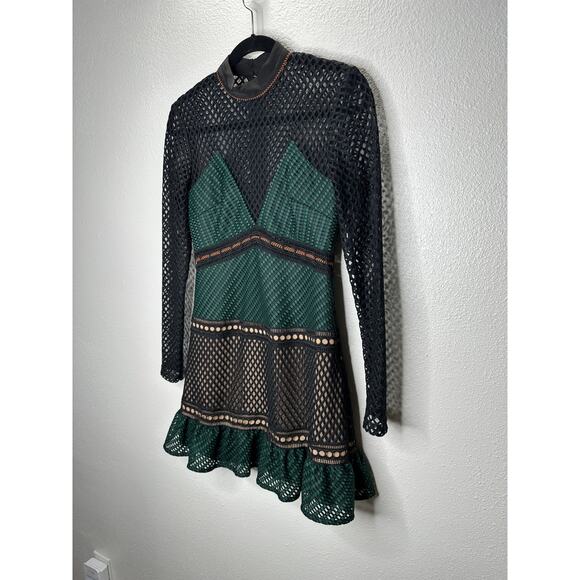 Self Portrait Black Eyelet Mesh Green & Orange Contrast High Neck Dress 6 - Picture 6 of 16